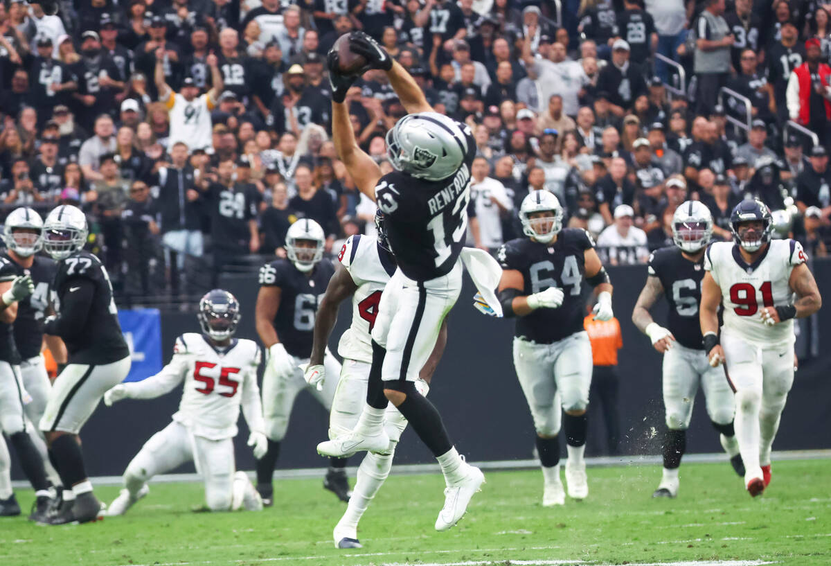 Raiders wide receiver Hunter Renfrow (13) goes up for the reception during the second half of a ...