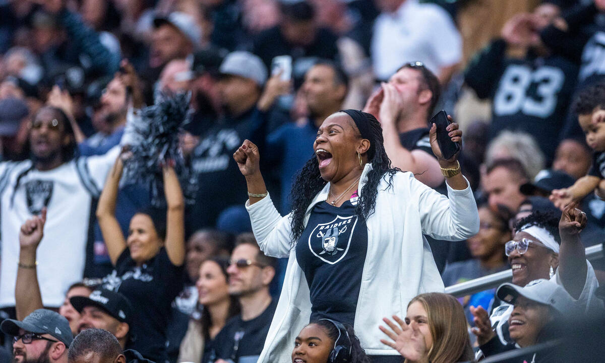 Raiders fans celebrate another score score versus the Houston Texans during the second half of ...