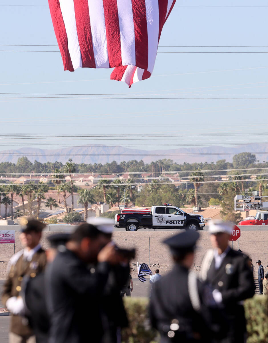 The casket for fallen Las Vegas police officer Truong Thai arrives for a funeral at Central Chu ...