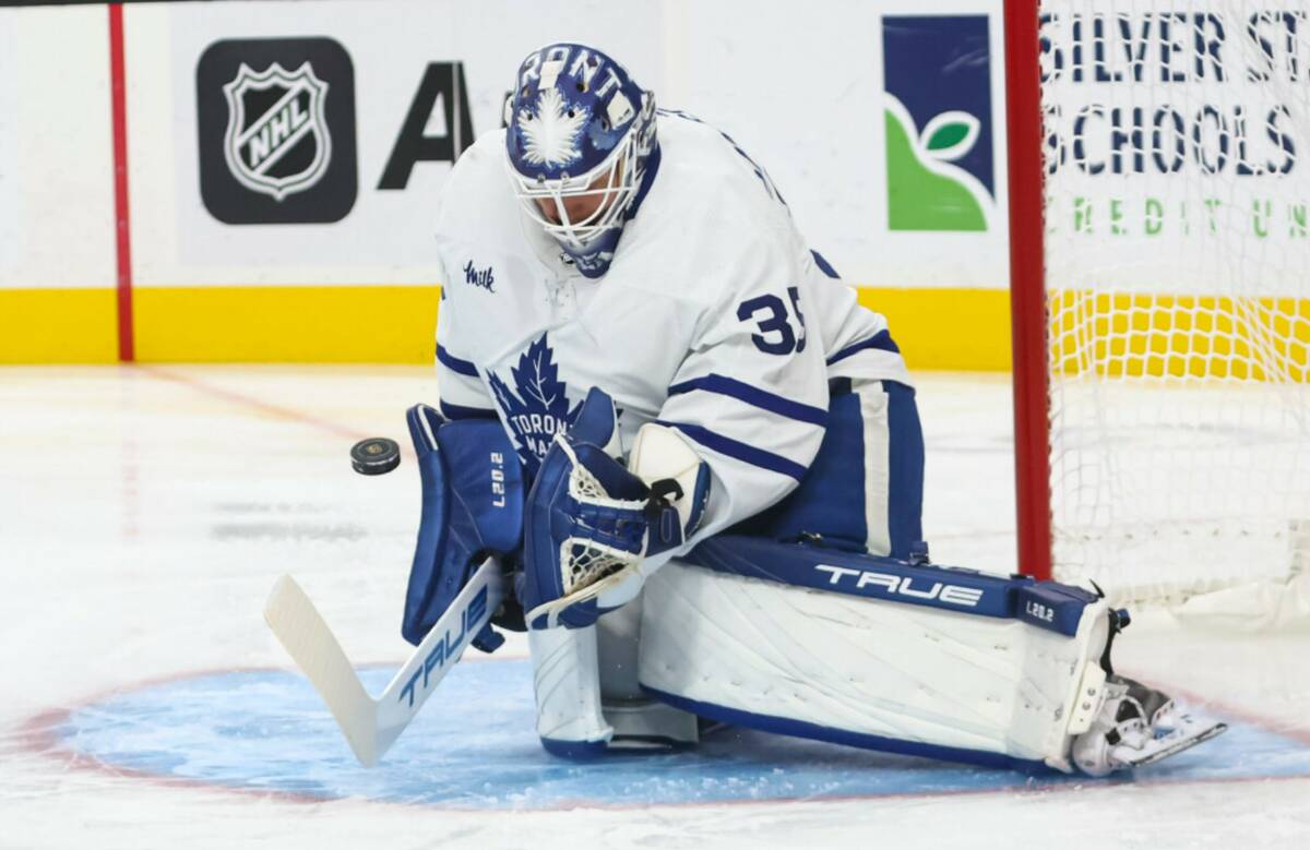 Toronto Maple Leafs goaltender Ilya Samsonov (35) blocks a shot from the Vegas Golden Knights d ...