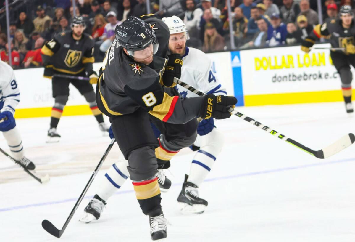 Vegas Golden Knights center Phil Kessel (8) shoots against the Toronto Maple Leafs during the f ...