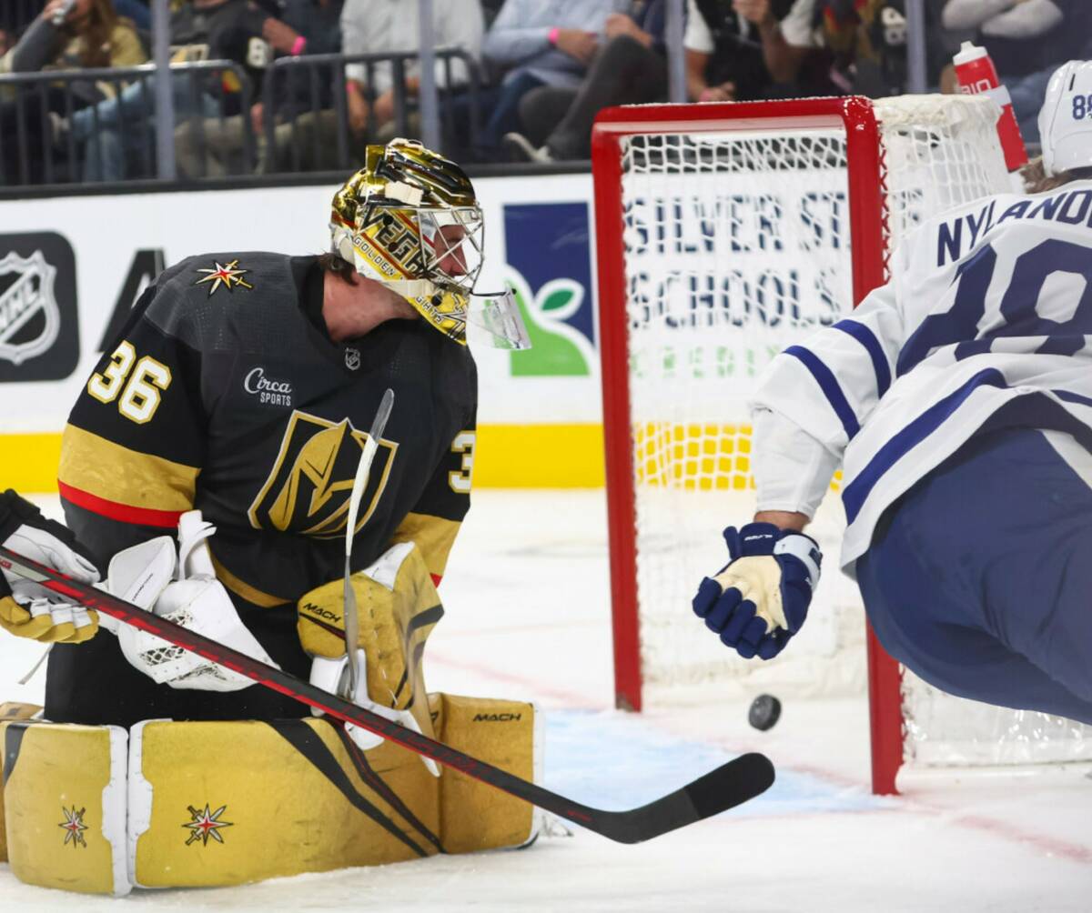 Toronto Maple Leafs right wing William Nylander (88) scores a goal past Golden Knights goaltend ...