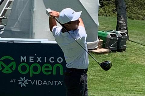 Doug Ghim tees off on the 12th hole during the second round of the Mexico Open at Vidanta on Ap ...