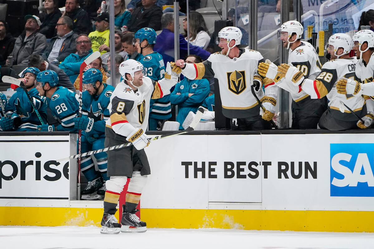 Vegas Golden Knights center Phil Kessel (8) celebrates with teammates after scoring against the ...