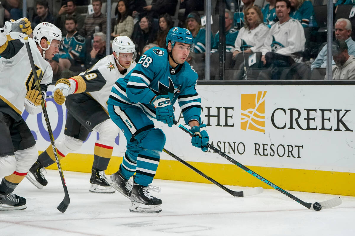 San Jose Sharks right wing Timo Meier (28) passes the puck during the first period of an NHL ho ...