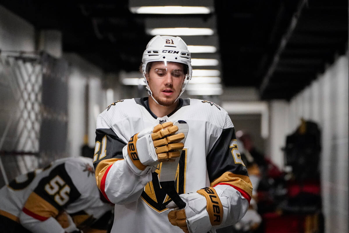 Vegas Golden Knights center Brett Howden gets ready to take the ice to warm up before an NHL ho ...