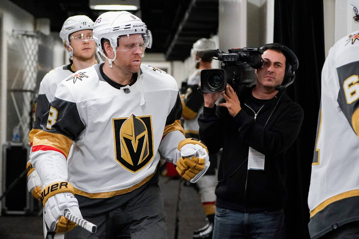 Vegas Golden Knights center Phil Kessel (8) takes the ice to warm up before an NHL hockey game ...