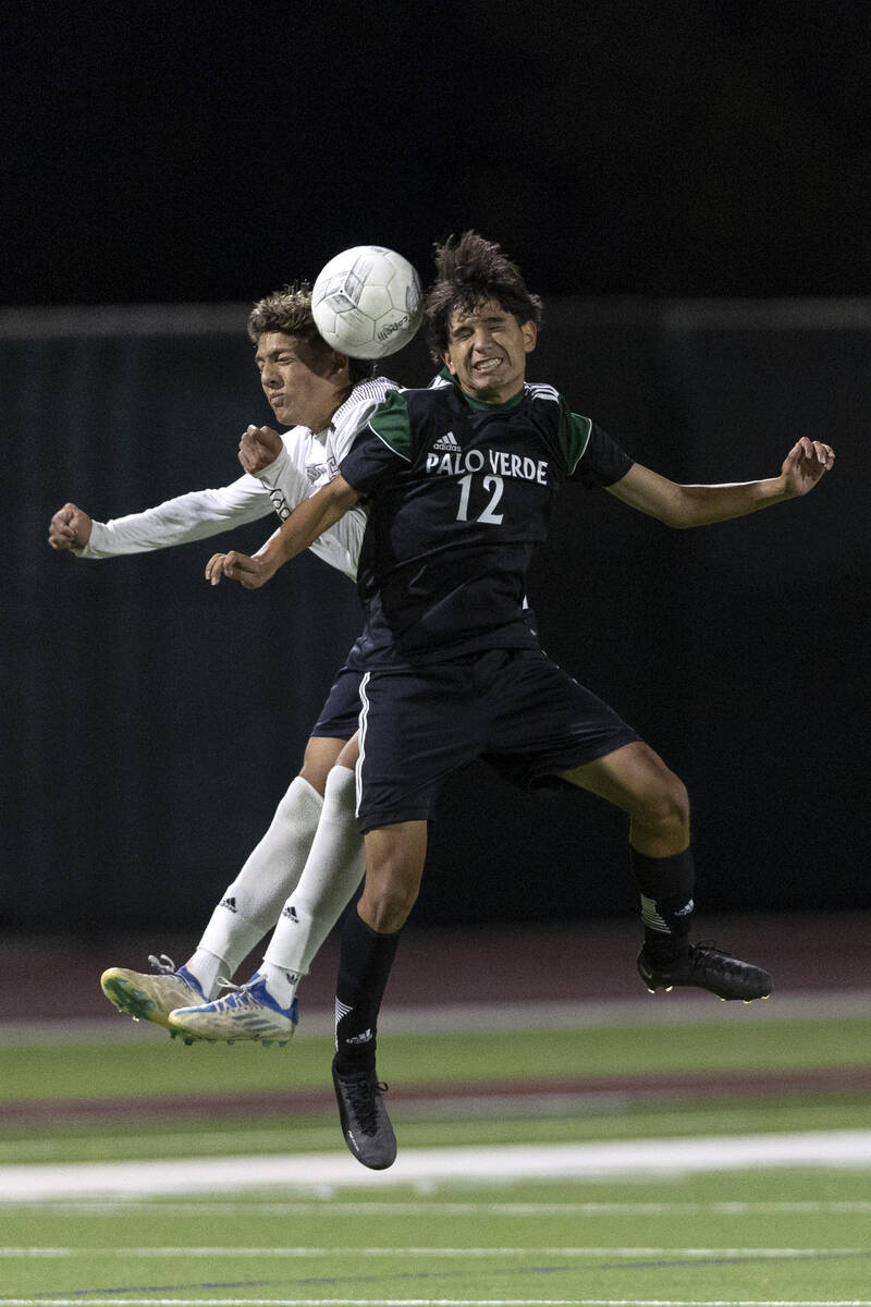 Palo Verde’s Isaiah Martinez (12) jumps for a header against Cimarron-Memorial’s ...