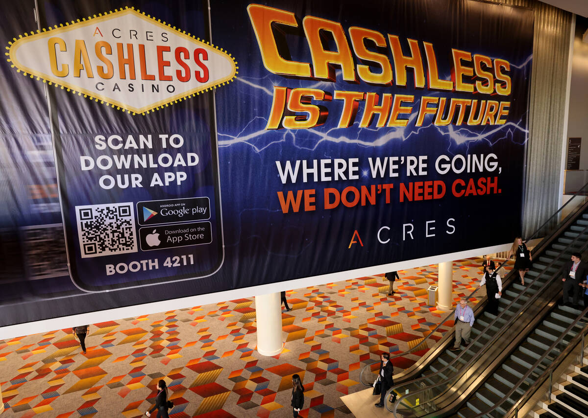 An Acres Cashless Casino banner at the Global Gaming Expo (G2E) at The Venetian Expo in Las Veg ...