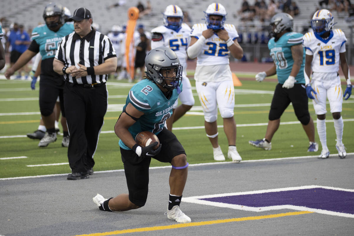 Silverado senior Donavyn Pellot (2) scores a touchdown during their game against Sierra Vista a ...