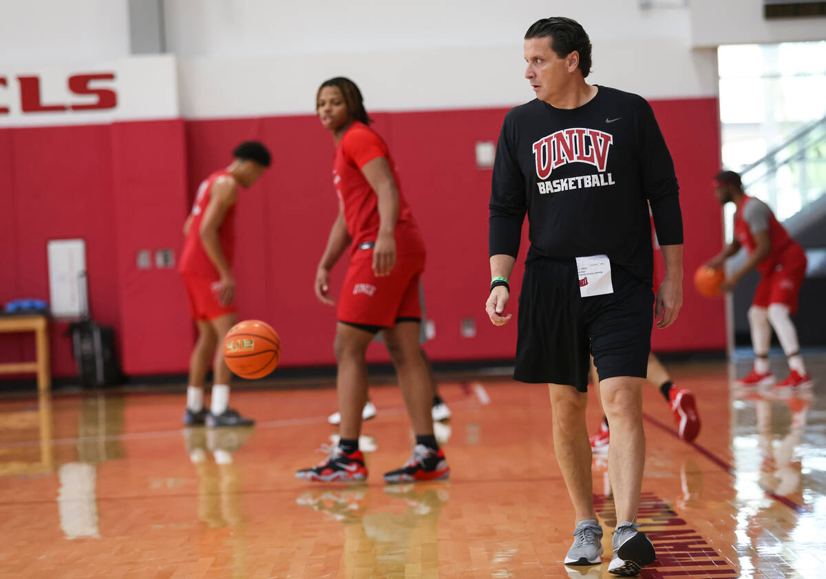 UNLV basketball assistant coach Barret Peery looks on during practice at Mendenhall Center on W ...
