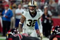 New Orleans Saints safety Tyrann Mathieu (32) lines up against the Arizona Cardinals during the ...