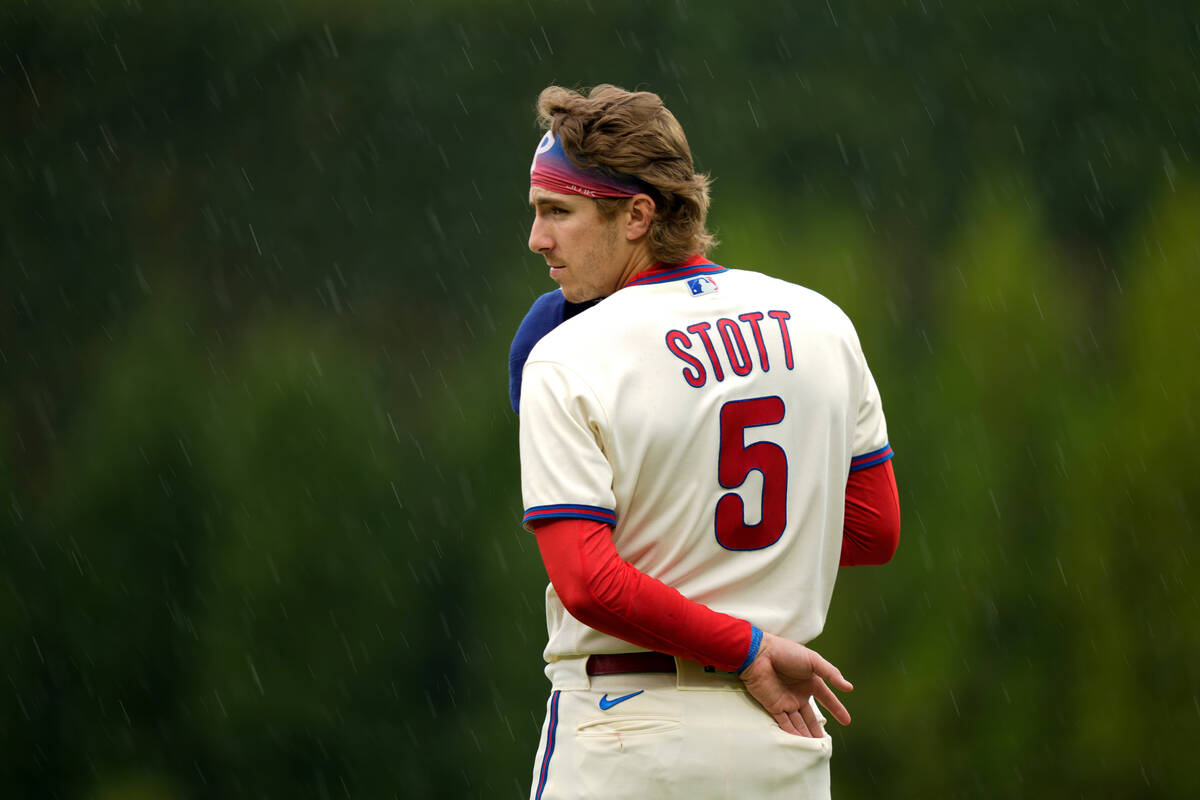 Philadelphia Phillies shortstop Bryson Stott stands for the national anthem before Game 5 of th ...