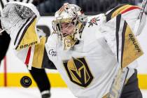 Golden Knights goaltender Logan Thompson (36) prepares to save the puck during the second perio ...