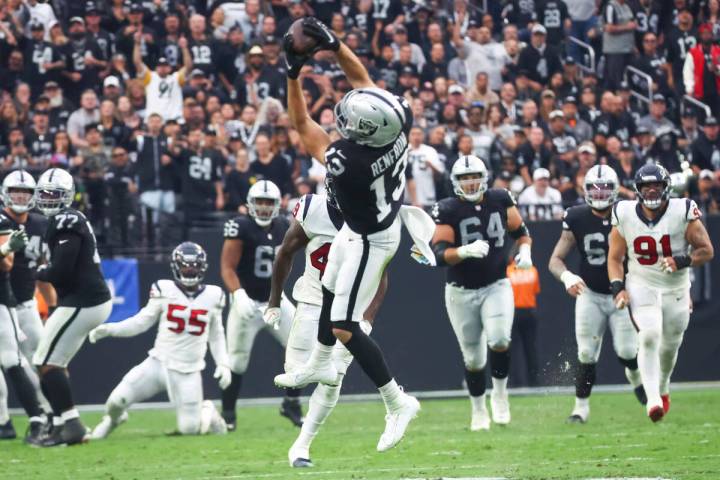 Raiders wide receiver Hunter Renfrow (13) goes up for the reception during the second half of a ...