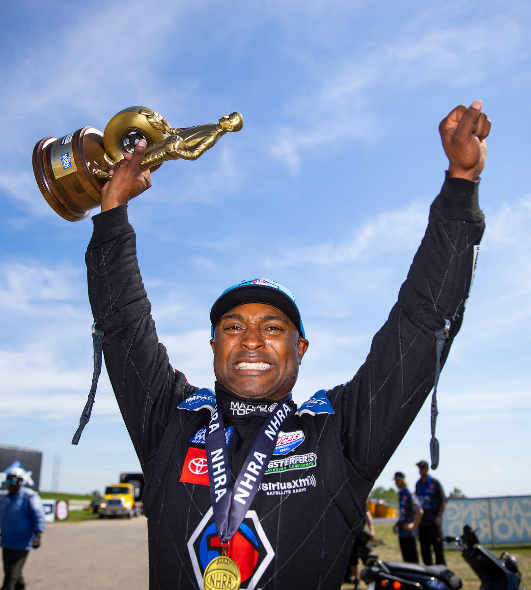 Antron Brown is seen after winning the Top Fuel title at the NHRA event in September in Brownsb ...