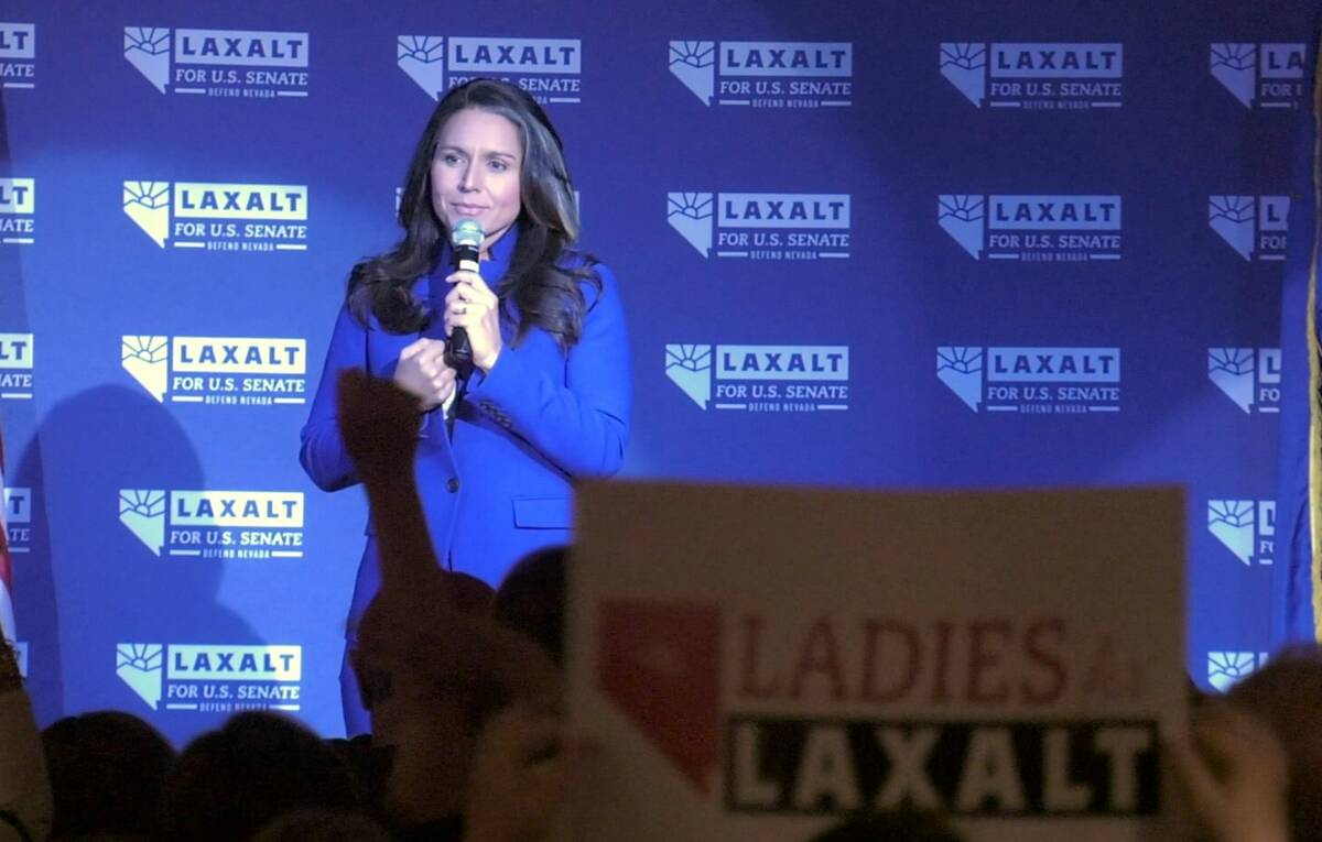 Tulsi Gabbard campaigns for Adam Laxalt at Stoney’s Rockin’ Country in Las Vegas on Friday, ...