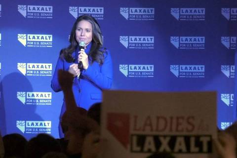 Tulsi Gabbard campaigns for Adam Laxalt at Stoney’s Rockin’ Country in Las Vegas on Friday, ...