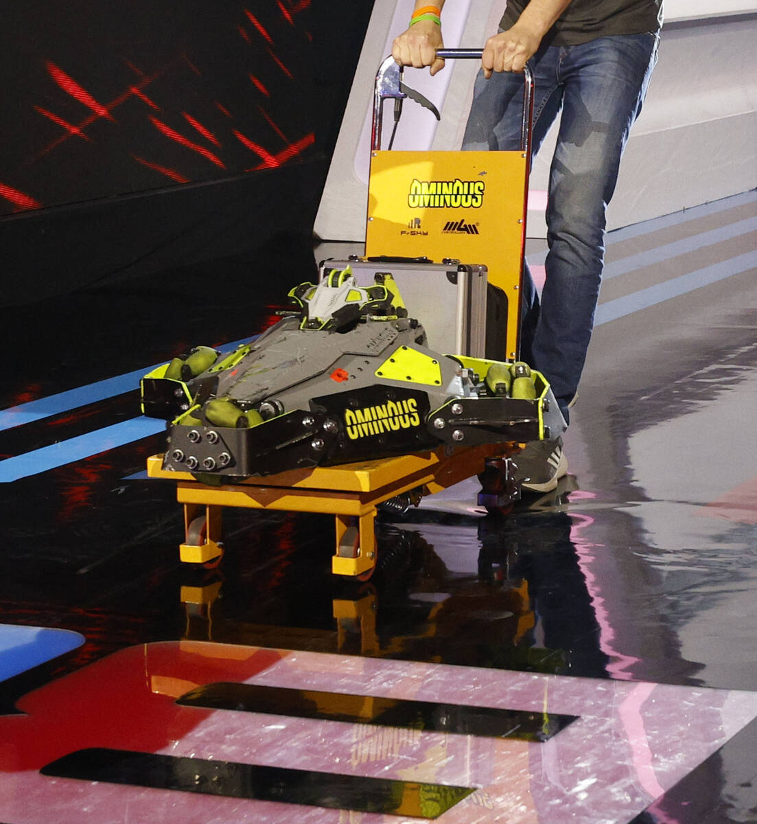 Robot Ominous of Netherlands enters the BattleBots arena before its battle during BattleBots Wo ...