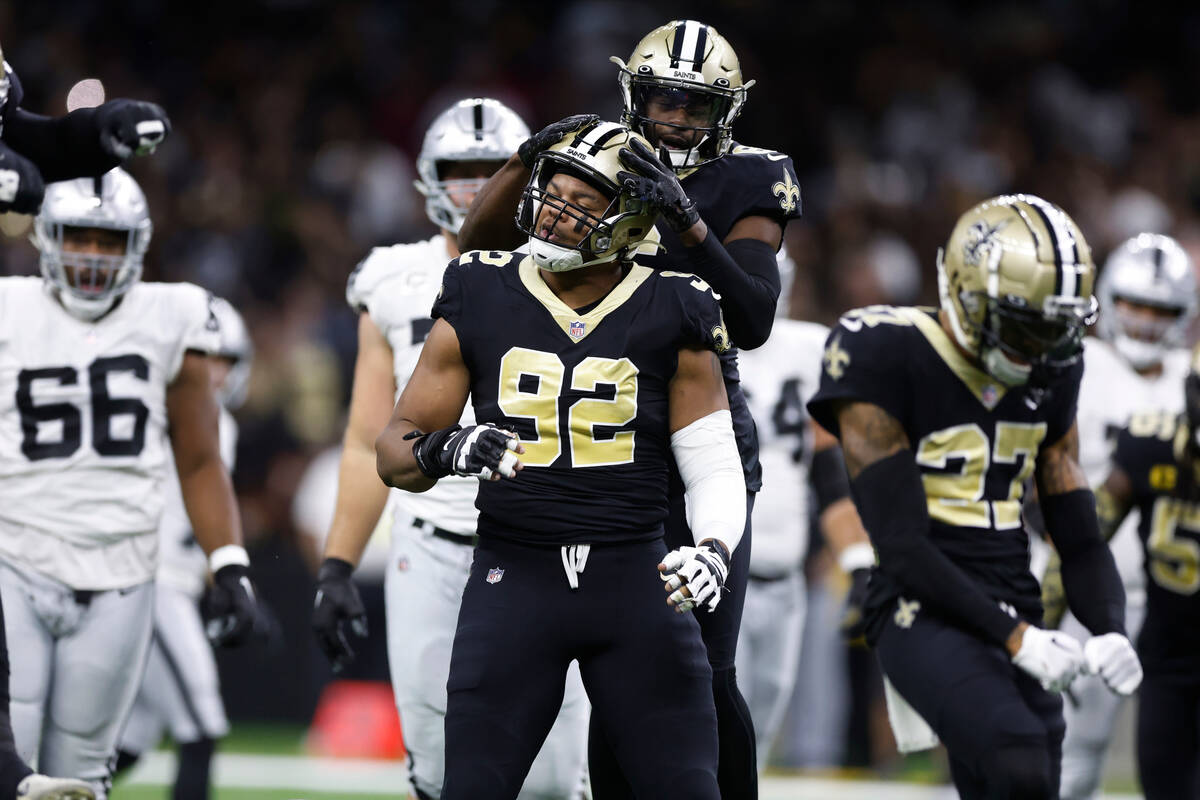 New Orleans Saints defensive end Marcus Davenport (92) celebrates after a play during the first ...
