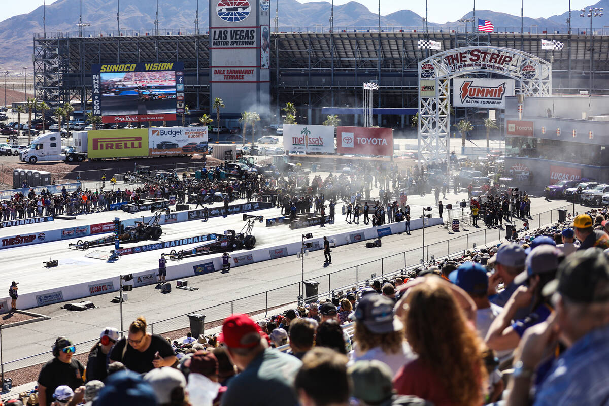 Competitors race at the NHRA Nevada Nationals at the Las Vegas Motor Speedway on Sunday, Oct. 3 ...