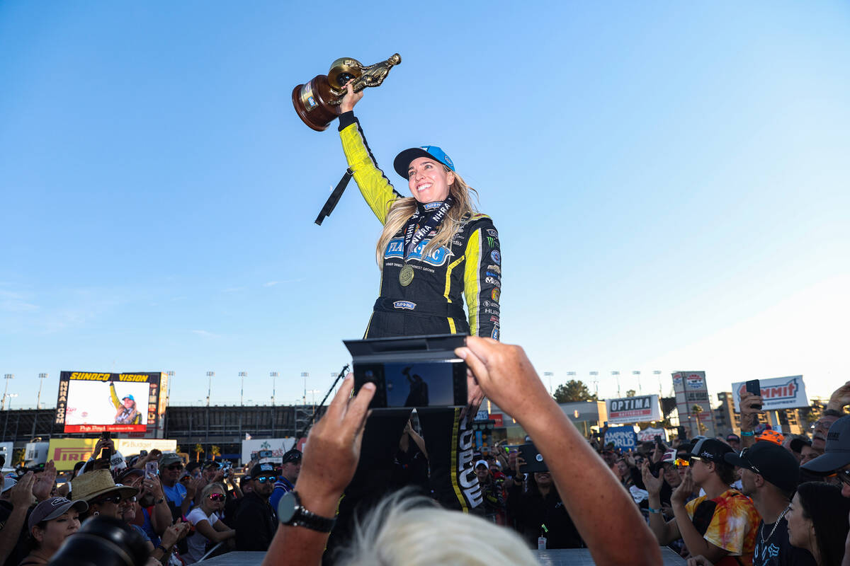 Brittany Force greets the crowd after winning the Top Fuel Nevada Nationals for NHRA at the Las ...