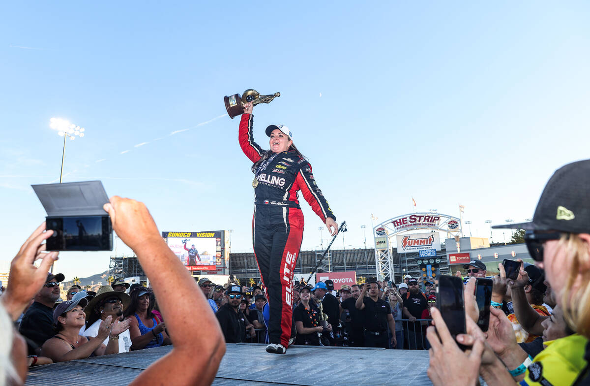 Erica Enders enters the stage after winning the Pro Stock Nevada Nationals for NHRA at the Las ...