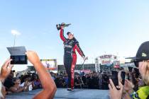 Erica Enders enters the stage after winning the Pro Stock Nevada Nationals for NHRA at the Las ...