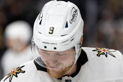 Golden Knights center Jack Eichel (9) cracks a smile in between active play during the second p ...