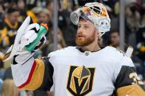 Vegas Golden Knights goaltender Laurent Brossoit takes a timeout during the second period of an ...