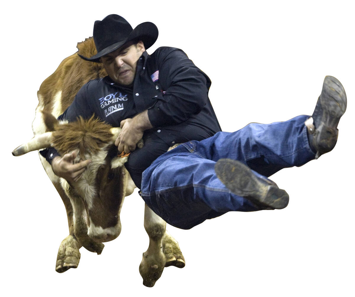 Luke Branquinho of Los Alamos, Calif., wrestles a steer in a time of 3.5 seconds to win the six ...