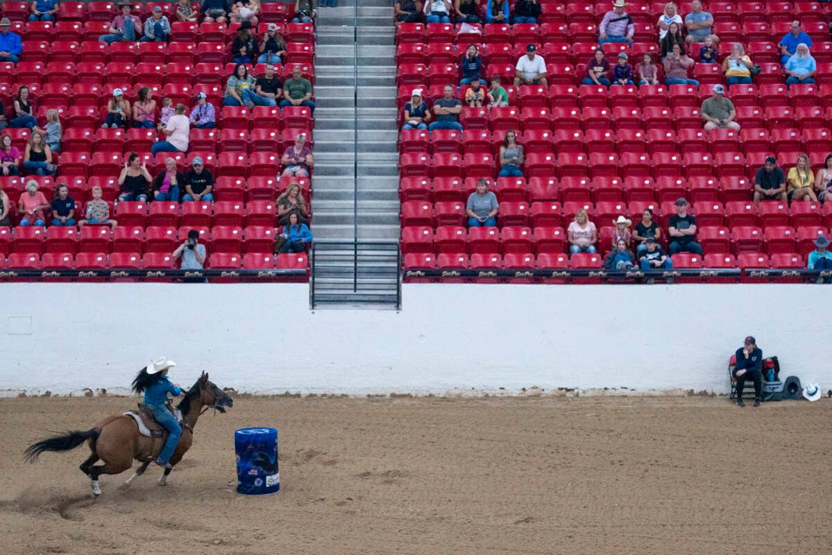 Kate Richardson of Imperial, Calif., scores a time of 18.731 seconds during a Sept. 2 barrel ra ...