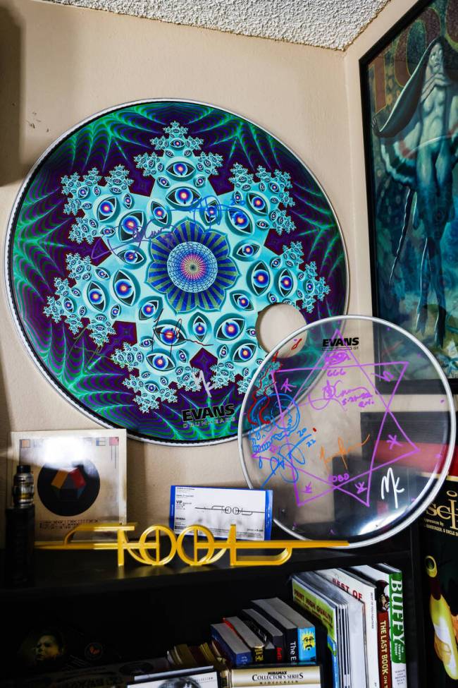Tool drumheads — the “grails” in Kristopher West’s collection. (Rachel Aston/Las Vegas ...