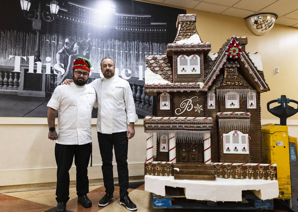 Philippe Angibeau, right, executive pastry chef at Bellagio, and Assistant Chef Omar Mejia-Orta ...