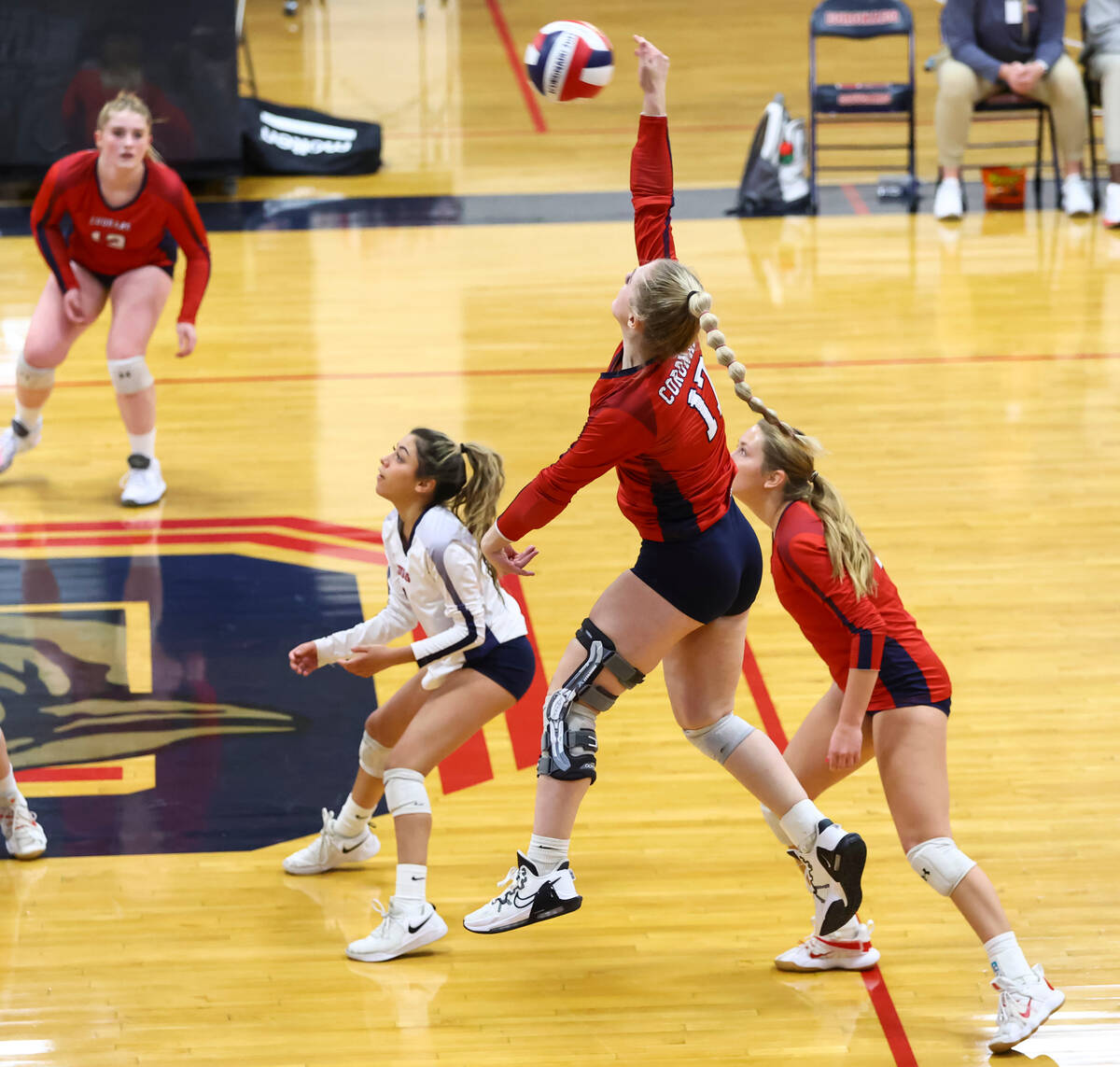 Coronado's Angelina Sayles (17) looks to send the ball over the net against Shadow Ridge during ...