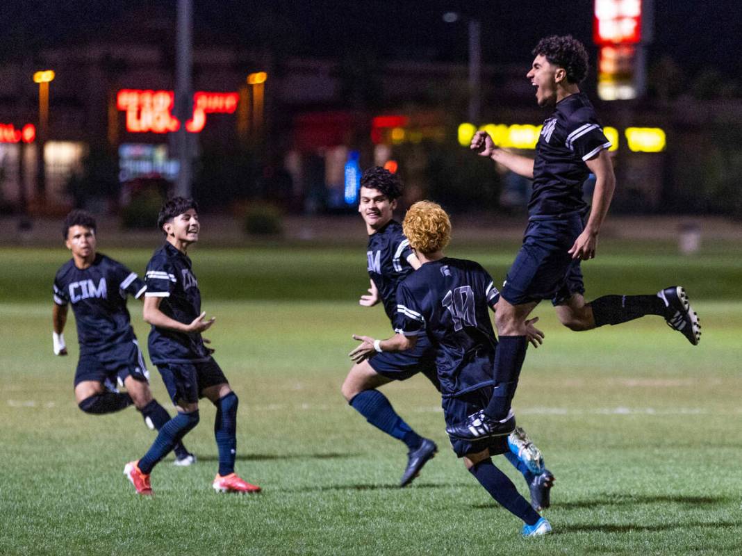 Cimarron players celebrate a goal over Bishop Gorman during the second half of their 5A Boys NI ...