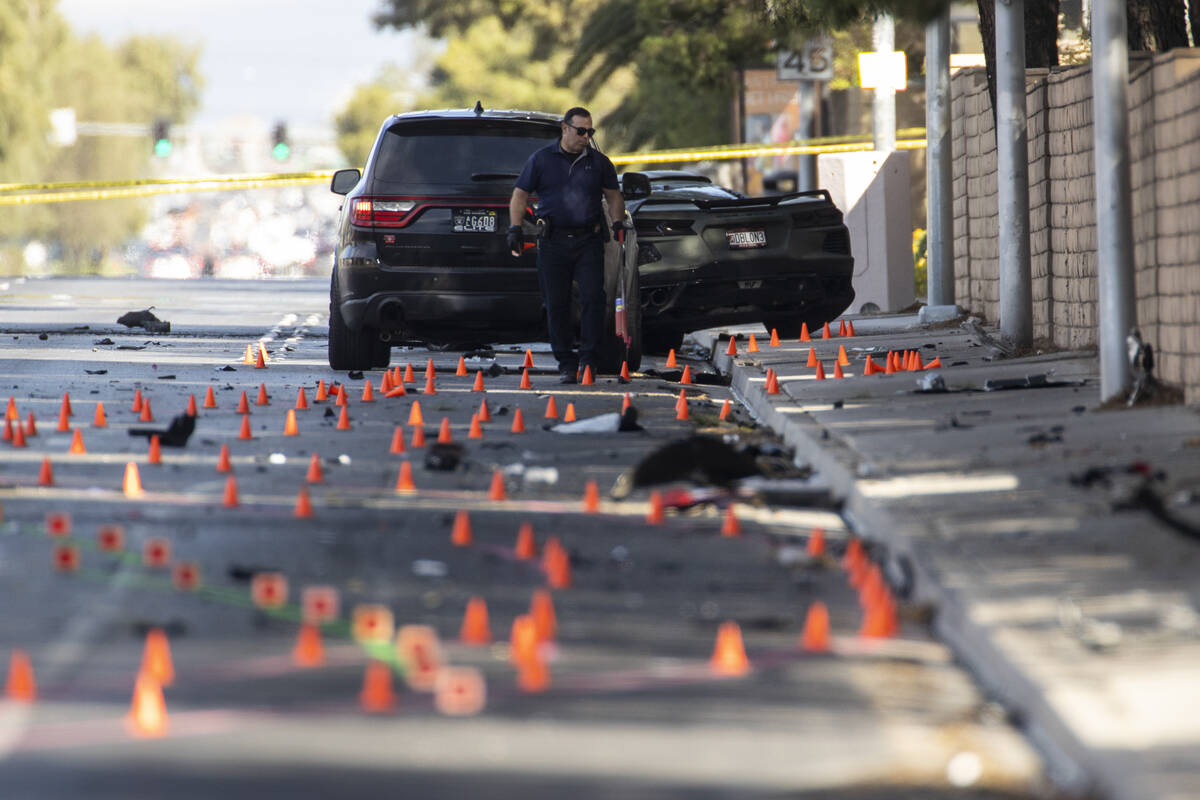 Las Vegas Metropolitan Police Department investigates a fatal crash near South Rainbow Boulevar ...