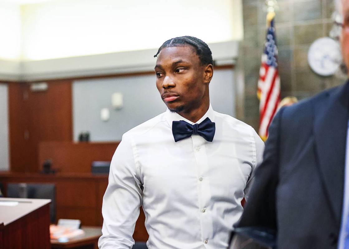 Ex-Raiders wide receiver Henry Ruggs appears at a hearing at the Regional Justice Center in Las ...