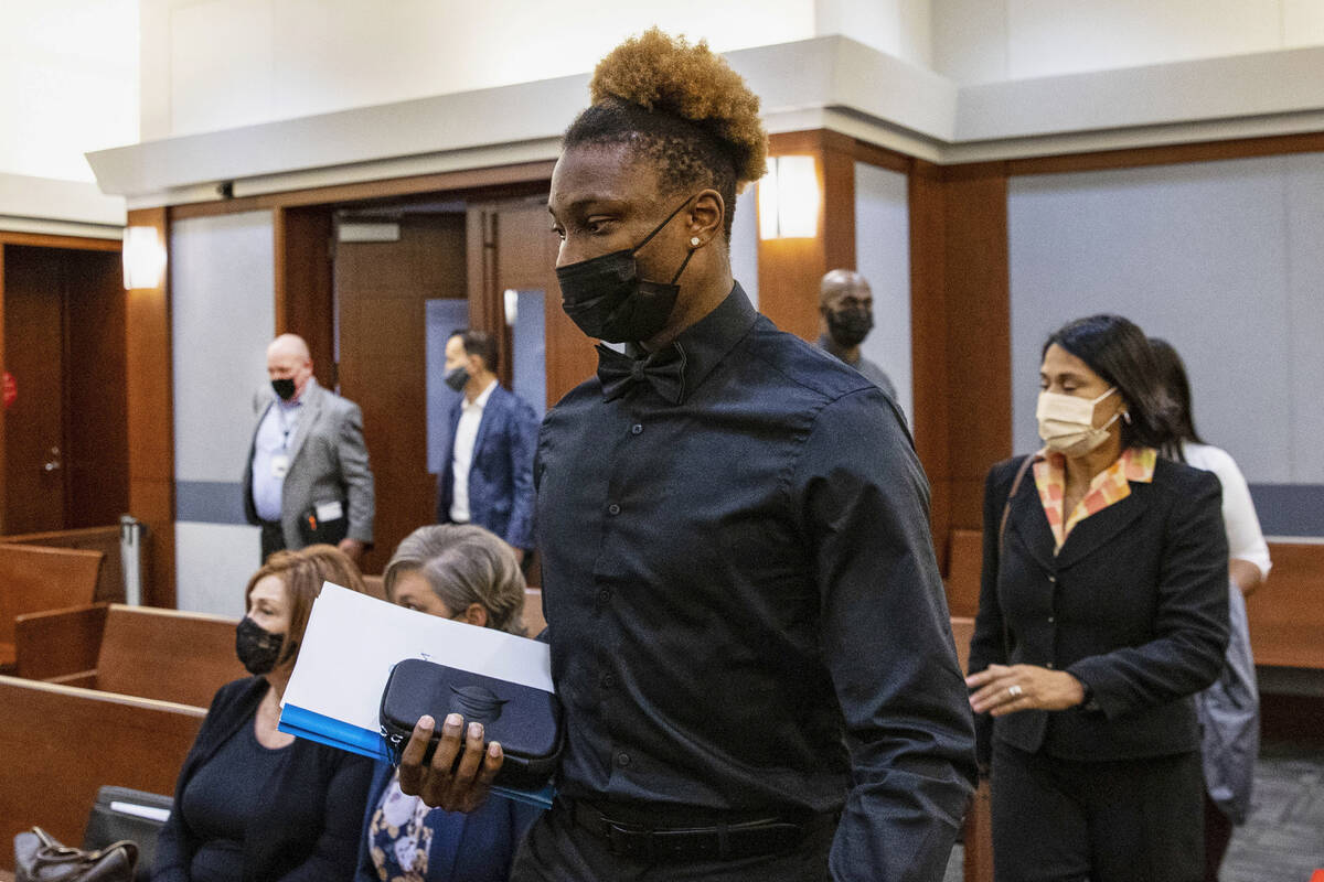 FILE - Former Las Vegas Raiders wide receiver Henry Ruggs arrives in court for a hearing at the ...