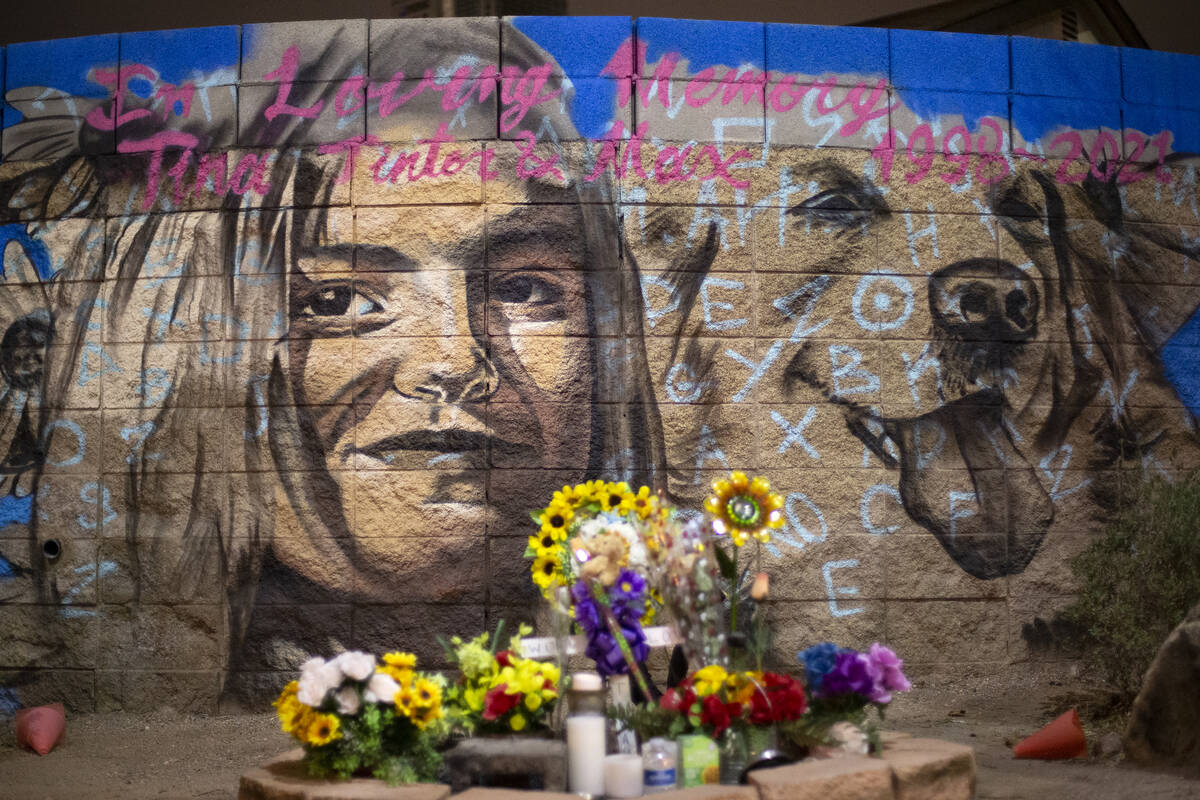 A mural of Tina Tintor and her dog Max, who were killed in a car crash involving an NFL player, ...