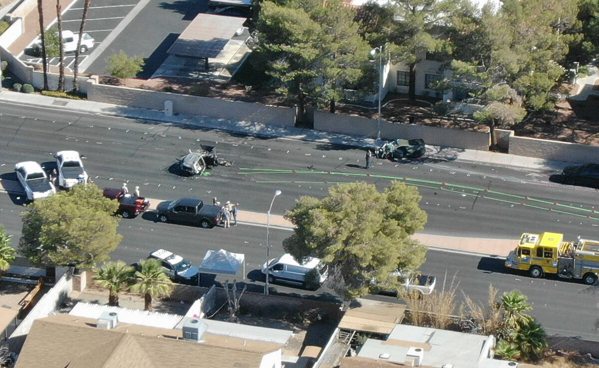 An aerial view Las Vegas Metropolitan investigating a fatal crash involving two vehicles at Sou ...