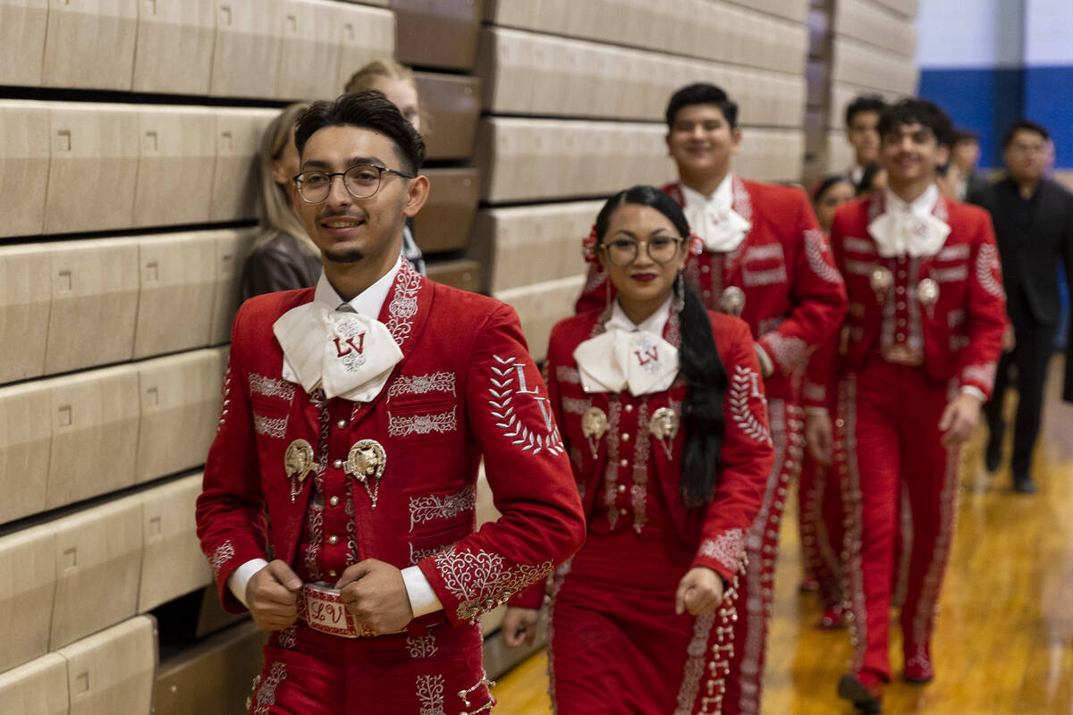 Members of the Las Vegas High School student mariachi get ready to perform during a Nevada Demo ...