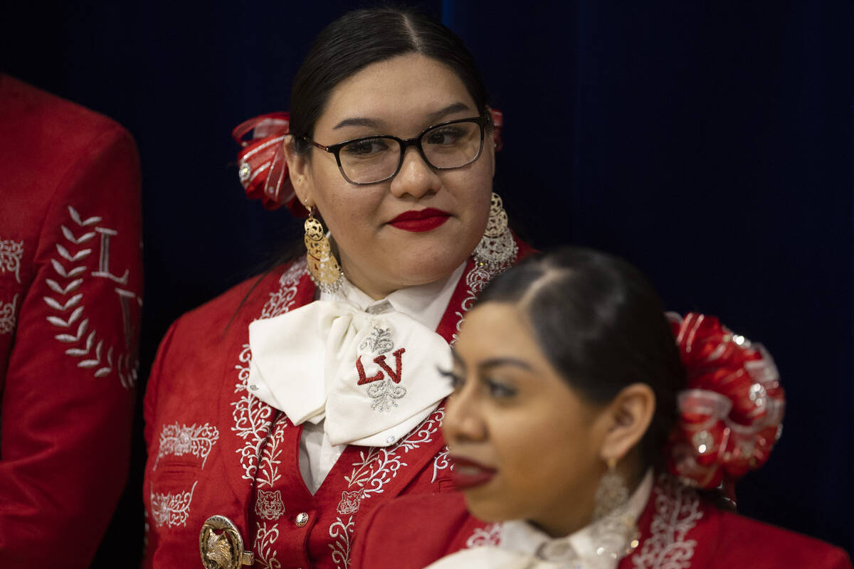 Members of the Las Vegas High School student mariachi get ready to perform during a Nevada Demo ...