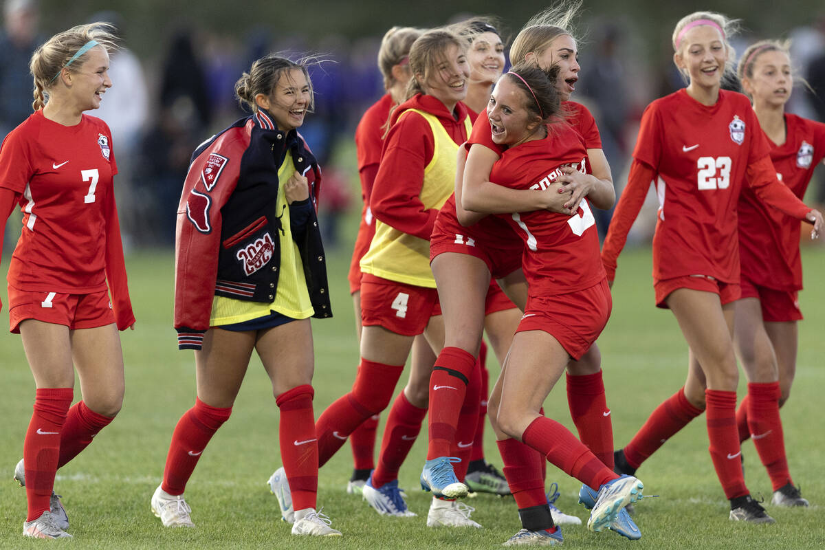 Coronado’s Jacey Phillips hugs Liliana Schuth (3) after Schuth scored a goal during a Cl ...