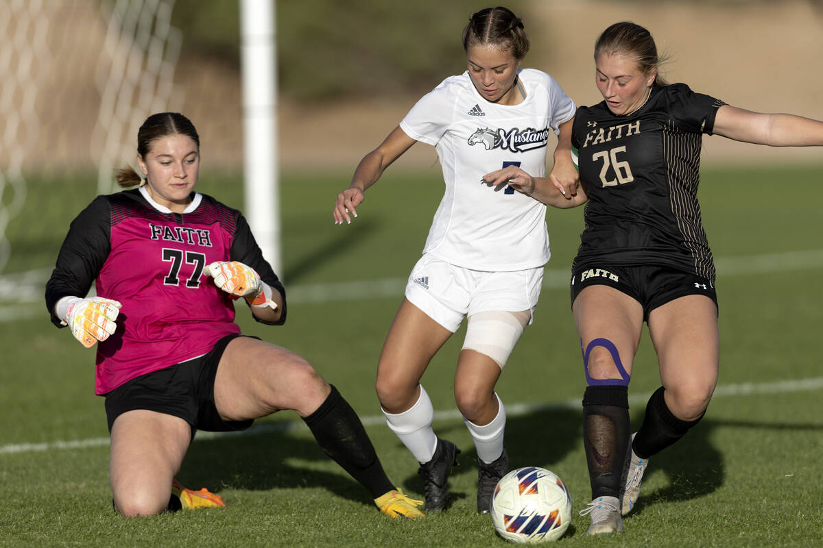 Faith Lutheran’s Taylor Folk (26) defends while goalkeeper Elke Travis (77) prepares to ...