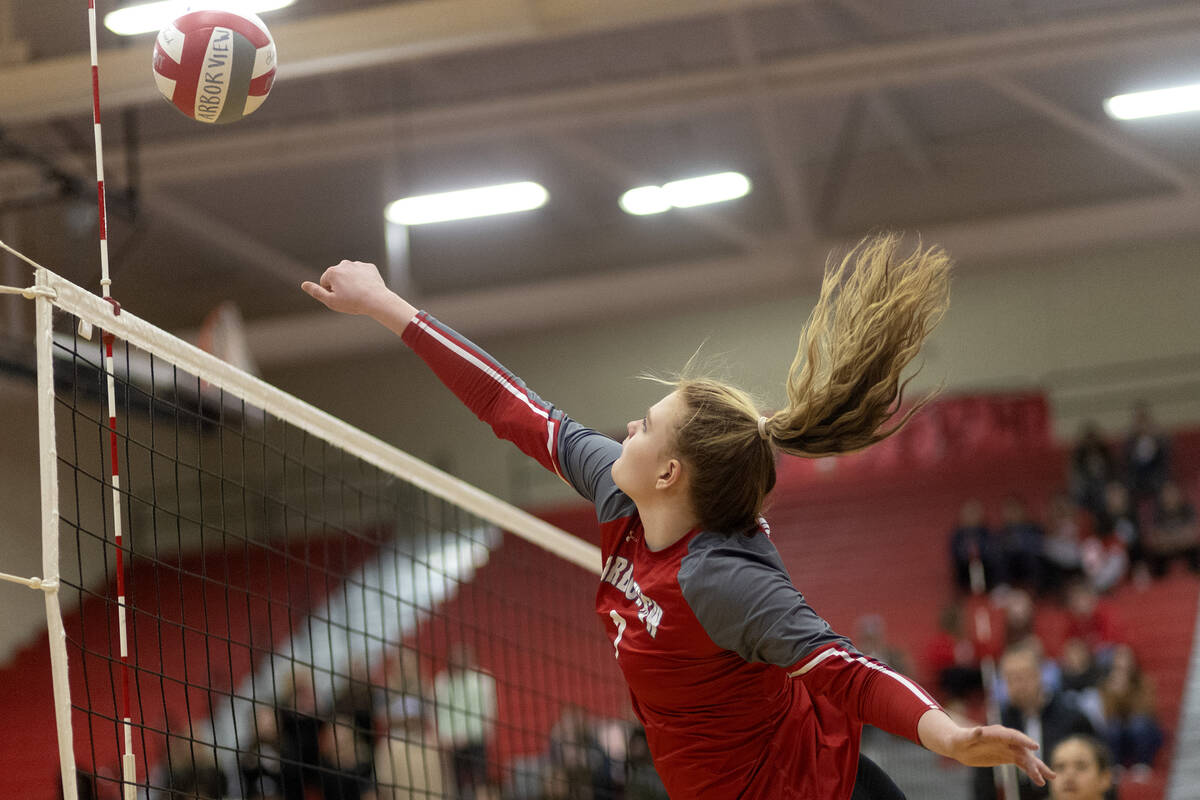 Arbor View’s Madison Garvin spikes to Basic during a Class 4A girls state volleyball qua ...
