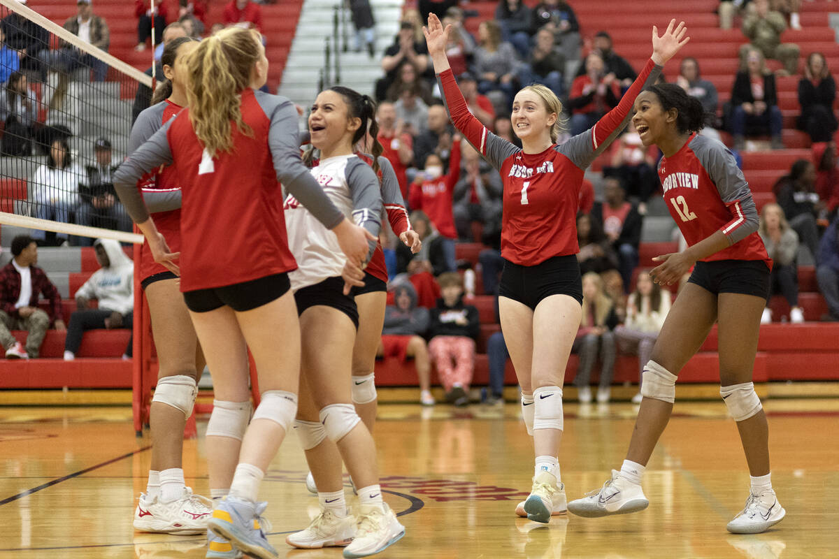 Arbor View celebrates a point against Basic during a Class 4A girls state volleyball quarterfin ...