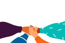 Cartoon Four human hands support each other. Concept of teamwork with copy space. Diverse femal ...