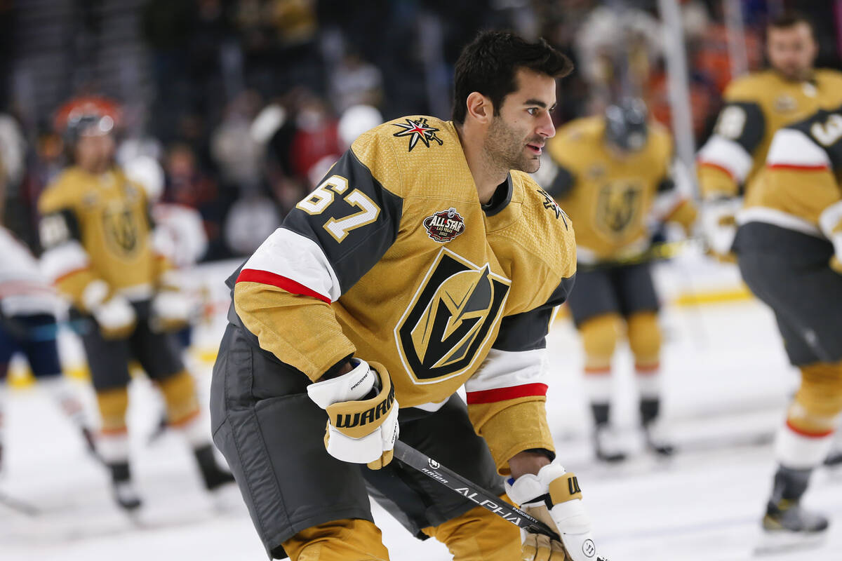 Golden Knights left wing Max Pacioretty warms up before a game against the Edmonton Oilers Satu ...