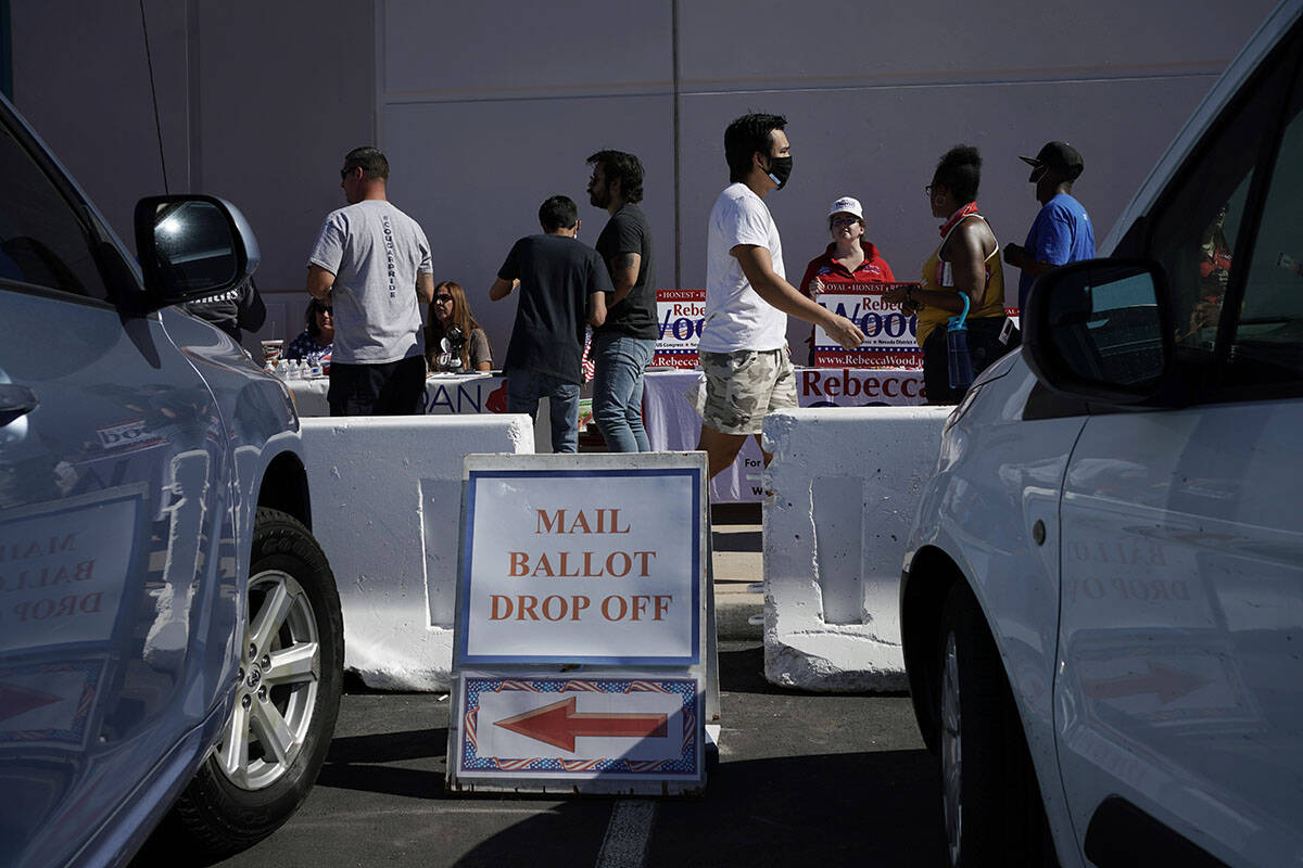 FILE - In this June 9, 2020, file photo, a sign indicates where mail ballots may dropped off as ...